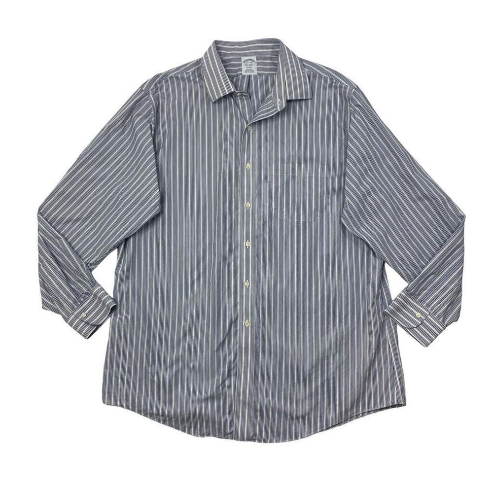 Brooks Brothers Shirt Mens 17.5 Blue White Striped Supima Cotton Regent Non Iron